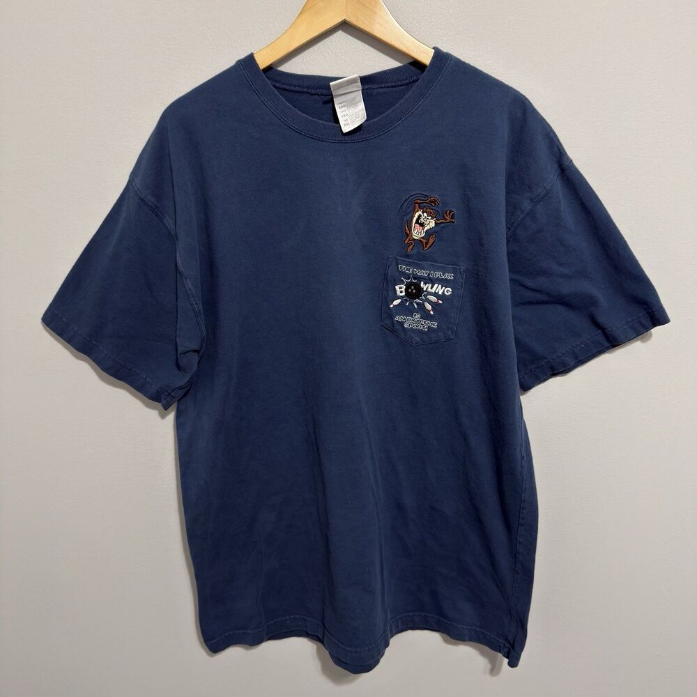 Vintage 90s Warner Bros Taz Bowling Cartoon Embroidered Pocket T-Shirt 2XL